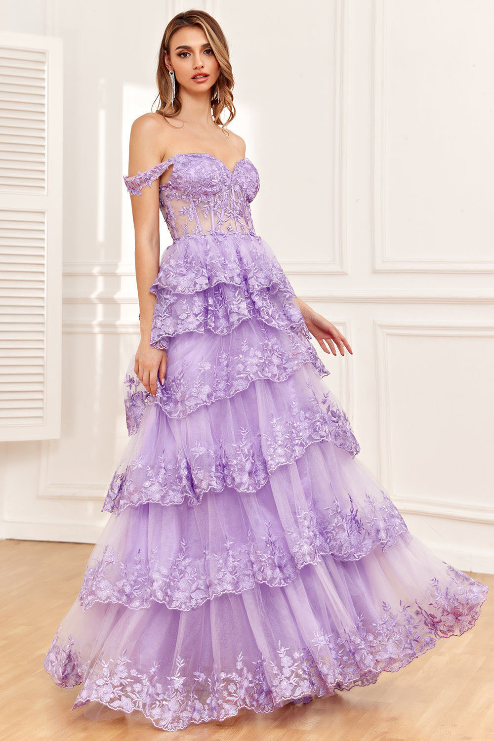 Prom Dresses Off Shoulder Sequin Lace Tiered Evening Gown 2025 Ms25091 –  Msikoods Official Store