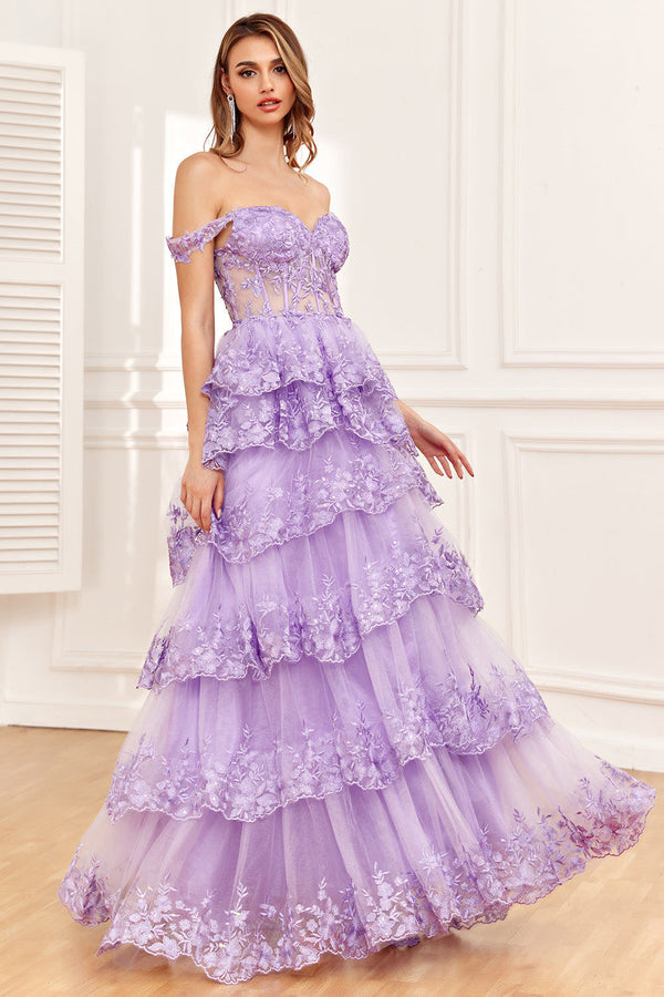 Prom Dresses Off Shoulder Sequin Lace Tiered Evening Gown 2025 Ms2509141