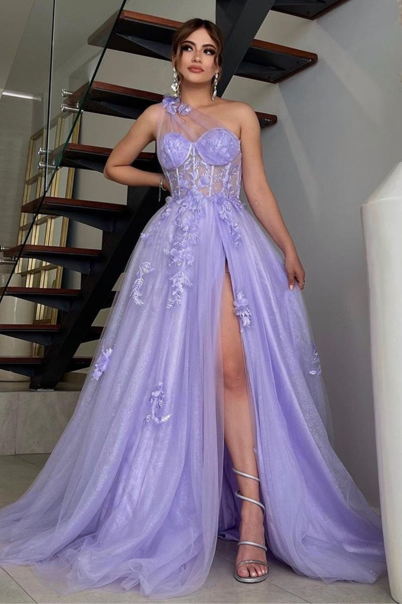 One Shoulder Slit Sparkly Prom Dress Flower Formal Evening Dress Ms2508095