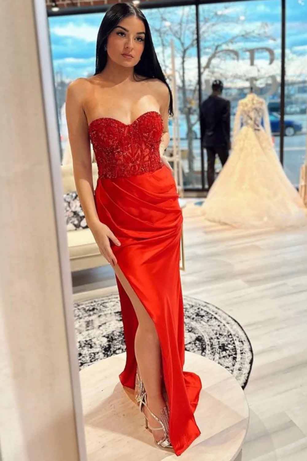 Strapless Corset Prom Dress Sequin Lace High Slit Satin Party Gown Ms2510186