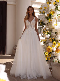Romantic Illusion Lace Wedding Dress A-Line Tulle Bridal Gown Open Back Bride Dress Ms2505204