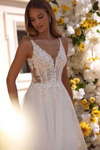 Romantic Illusion Lace Wedding Dress A-Line Tulle Bridal Gown Open Back Bride Dress Ms2505204