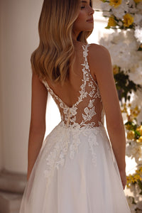 Romantic Illusion Lace Wedding Dress A-Line Tulle Bridal Gown Open Back Bride Dress Ms2505204