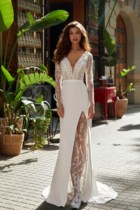 Luxury Long Sleeve Lace Wedding Dress Slit V Neck Sheath Bridal Gown Ms2603013