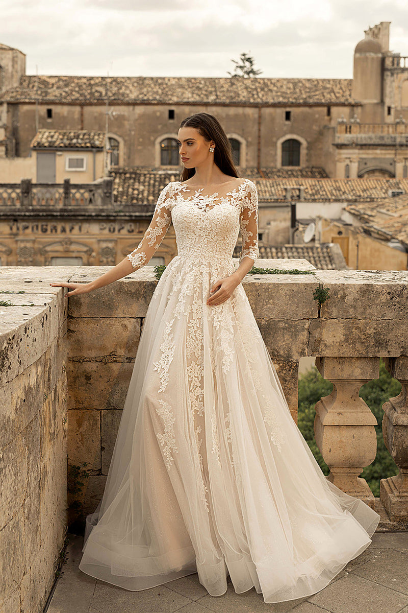 Vintage Lace Wedding Dress A-Line 3/4 Illusion Sleeves Lace Appliqué Bridal Dress Ms2505205