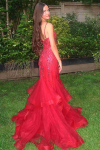 Red Prom Dress Spaghetti Strap Mermaid Evening Dresses Beaded Sparkly Tulle Formal Dress Ms2609161