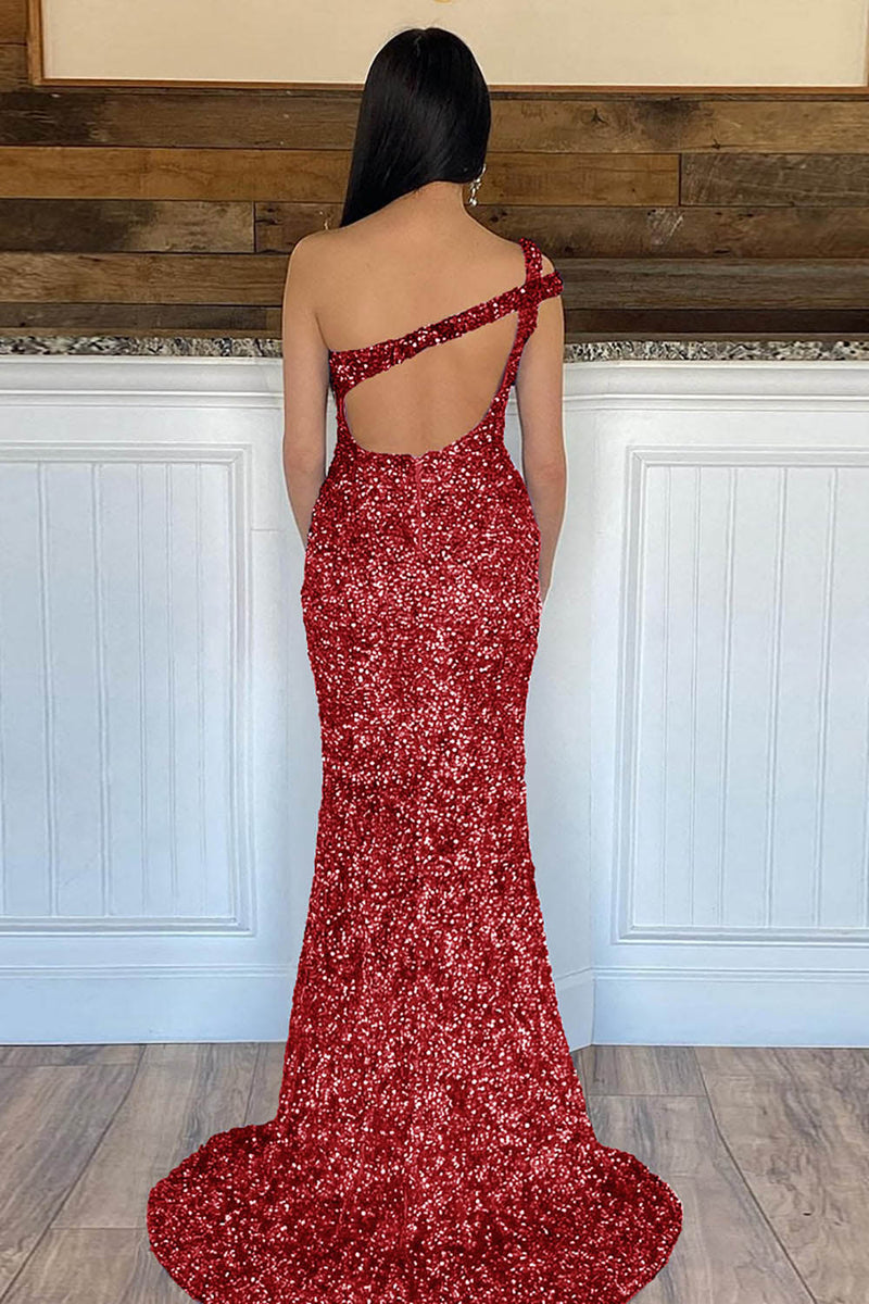 One Shoulder Sequin Prom Dress High Slit Mermaid Shiny Evening Dress Ms2510244