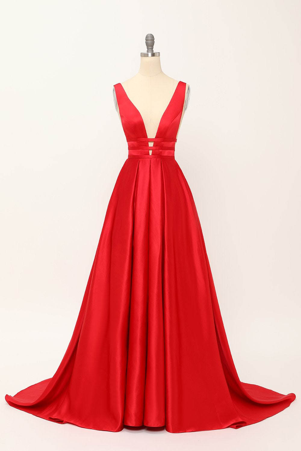 Deep V-Neck Pleated A-Line Prom Dress Satin Backless Evening Dress Ms2510165