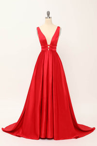 Deep V-Neck Pleated A-Line Prom Dress Satin Backless Evening Dress Ms2510165
