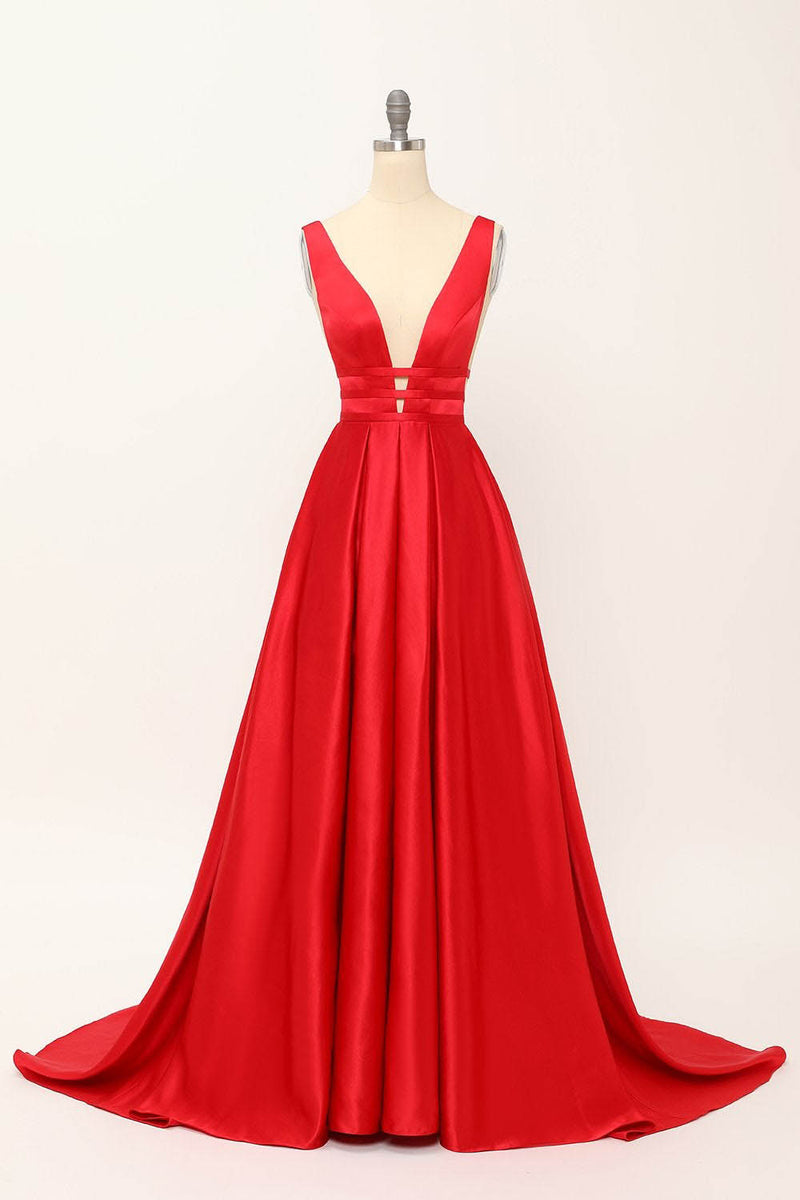 Deep V-Neck Pleated A-Line Prom Dress Satin Backless Evening Dress Ms2510165