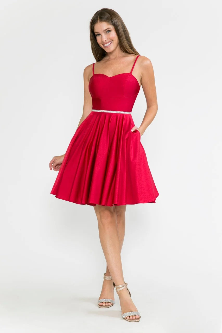 Satin Homecoming Dres Spaghetti Straps A Line Short Cocktail Dress with Pockets Ms10235