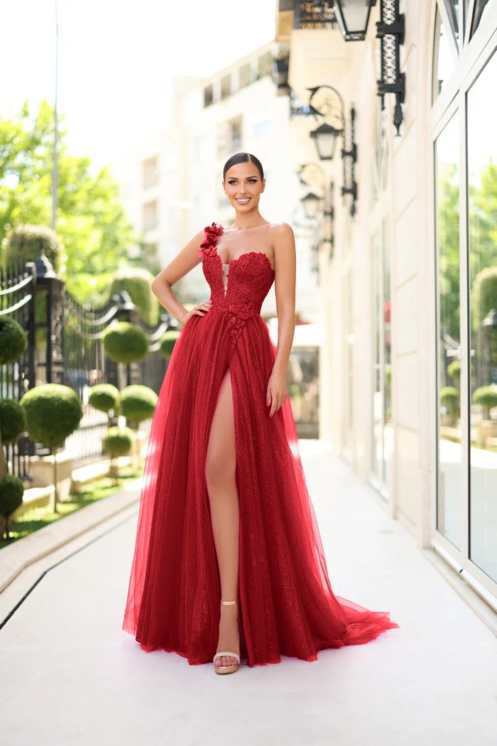 Glitter One-Shoulder Prom Dress with High Slit Formal Dress Ms2602053
