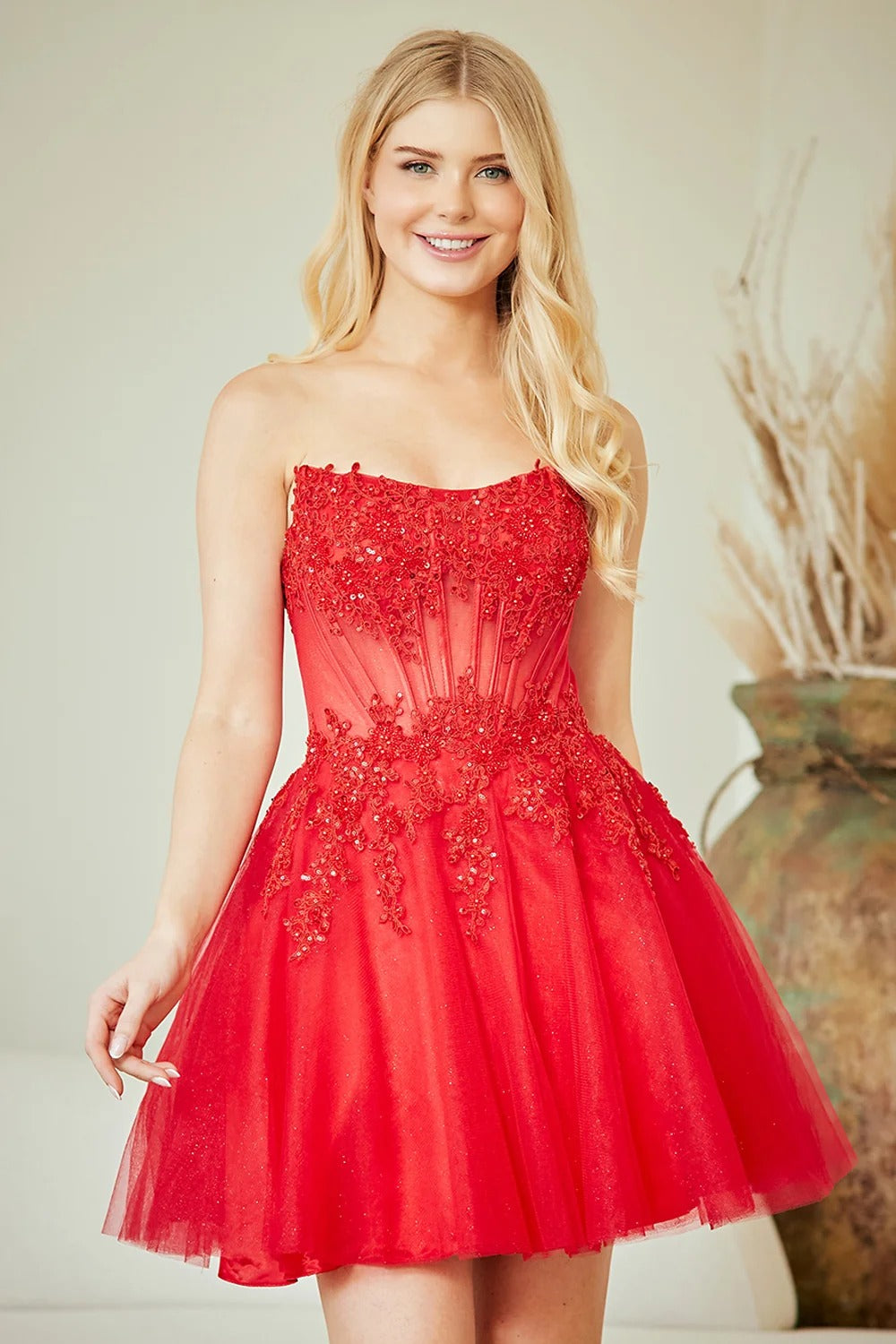 Lace Appliques Beaded Sheer Strapless Homecoming Dress Corset Tulle Short Cocktail Dress Ms2610236