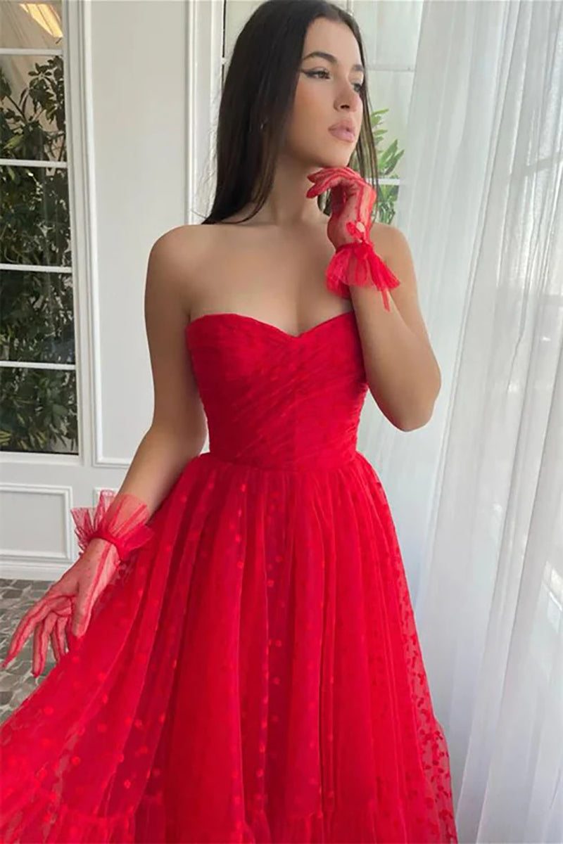 Red Strapless Polka Dot Tulle Midi Prom Dress Cute Party Gown Formal Event Dress Ms2507063