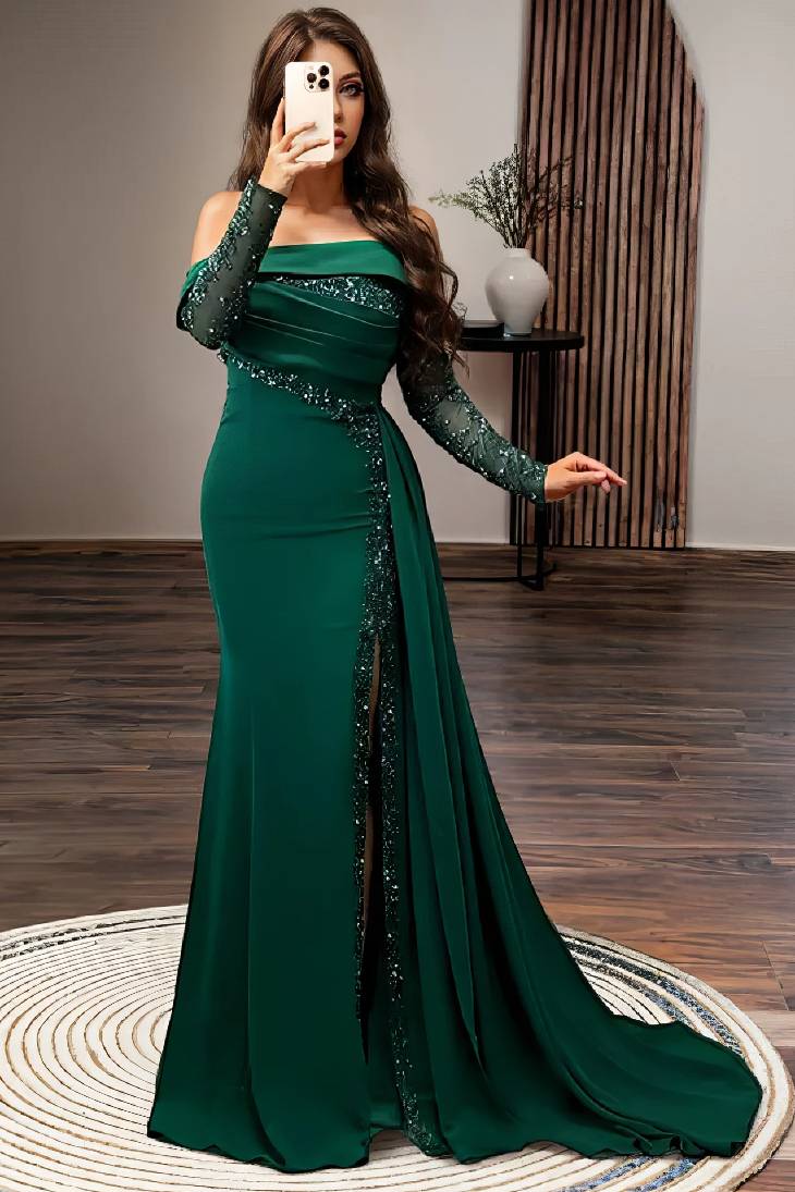 long sleeve soiree dress Plus Size Womens Satin Formal Dress Long Sleeves Sparkle Prom Gown Rosymae