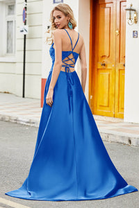 Navy Blue Lace Spaghetti Strap Prom Dress Side Slit Open Back Party Dress Ms2509262