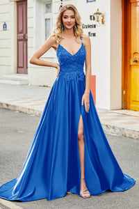 Navy Blue Lace Spaghetti Strap Prom Dress Side Slit Open Back Party Dress Ms2509262
