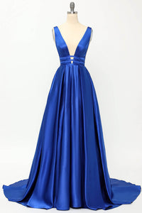 Deep V-Neck Pleated A-Line Prom Dress Satin Backless Evening Dress Ms2510165
