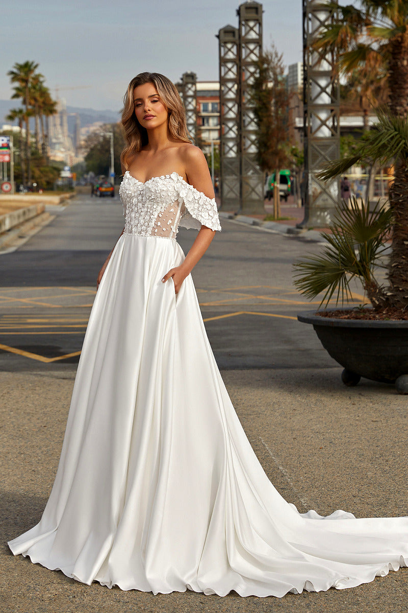 Romantic Lace Wedding Dress Off Shoulder A Line Bridal Gown With Pockets Ms2603012