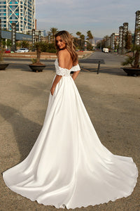 Romantic Lace Wedding Dress Off Shoulder A Line Bridal Gown With Pockets Ms2603012