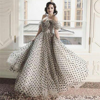 Vestido de Noite Vintage com Ombros Descobertos e Bolinhas, Vestido de Baile Formal para Festa