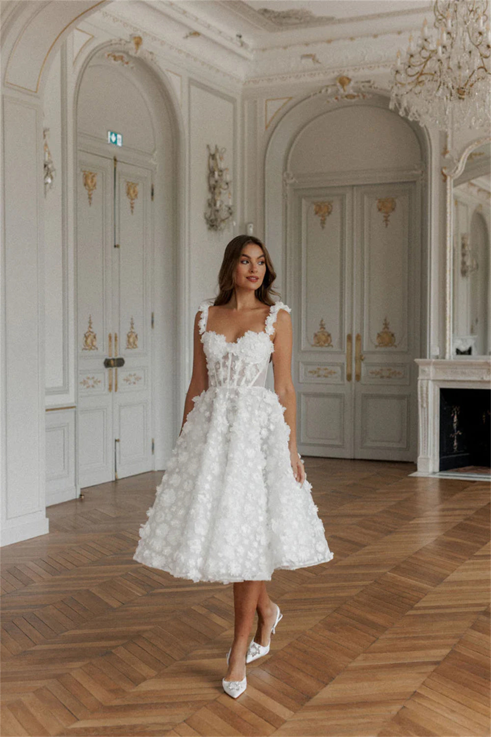 3D Floral Tea Length Bridal Dress Romantic Corset Wedding Party Gown Midi Tulle Bride Dress Ms250103