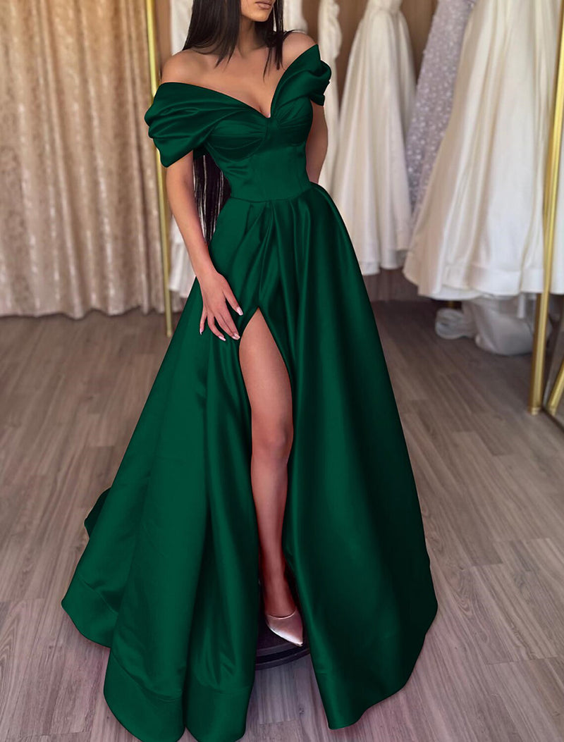 Off Shoulder Satin Prom Gown 2025 Slit Formal Prom Dress Evening Party Dress Ms2505082