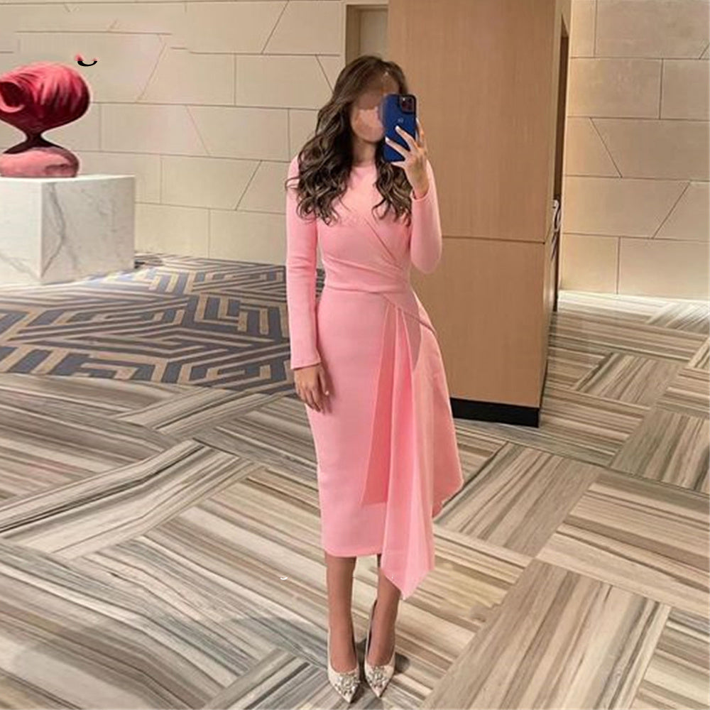 Long Sleeve Formal Dress Asymmetrical Draped Midi Prom Dress Office Cocktail Dress Ms2505085