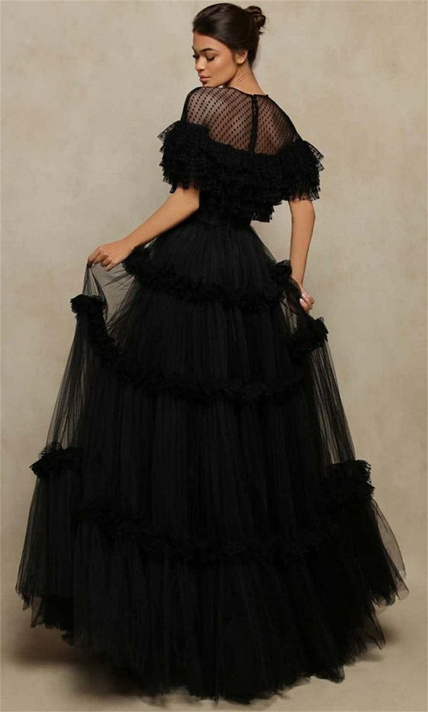 Elegant Black Tiered Tulle Evening Gown Party Dress Layered Polka Dot Top Princess Prom Dress