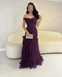 Off Shoulder Mermaid Dress 2025 Tiered Tulle Ruffles Formal Gown Evening Party Dress Ms2505021