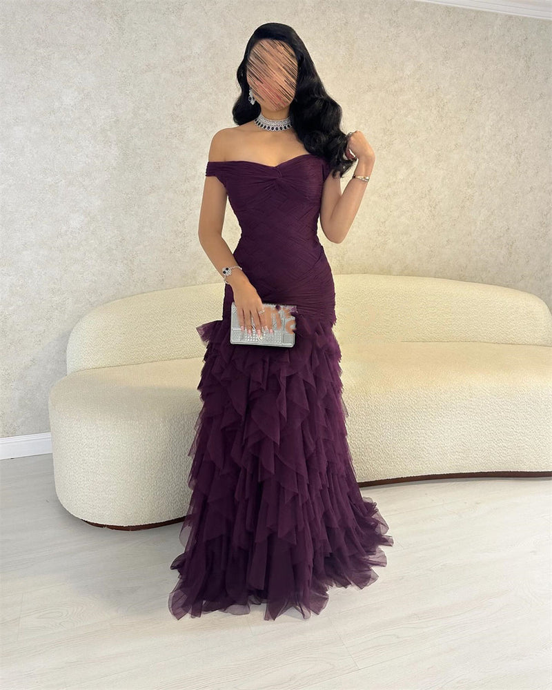 Off Shoulder Mermaid Dress 2025 Tiered Tulle Ruffles Formal Gown Evening Party Dress Ms2505021