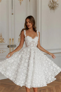 3D Floral Tea Length Bridal Dress Romantic Corset Wedding Party Gown Midi Tulle Bride Dress Ms250103