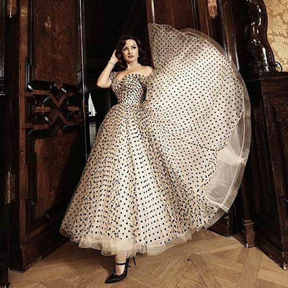 Vestido de Noite Vintage com Ombros Descobertos e Bolinhas, Vestido de Baile Formal para Festa