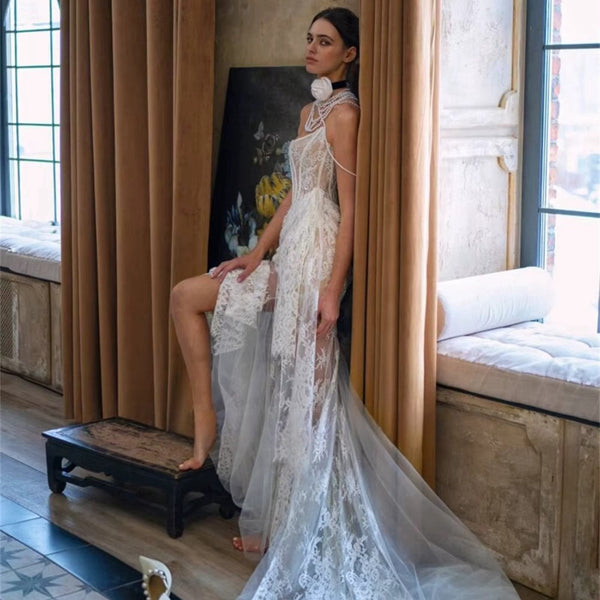 Lace Corset Bridal Dress Illusion Vintage Sexy Mermaid Wedding Dress  With Detachable Train Ms2505104