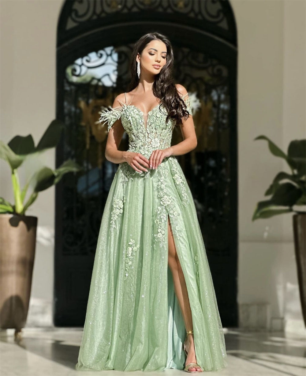 open lace back dress Luxurious Feather Prom Gown Appliques Graduate Party Gown High Slit Fo –  Msikoods Official Store
