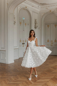 3D Floral Tea Length Bridal Dress Romantic Corset Wedding Party Gown Midi Tulle Bride Dress Ms250103