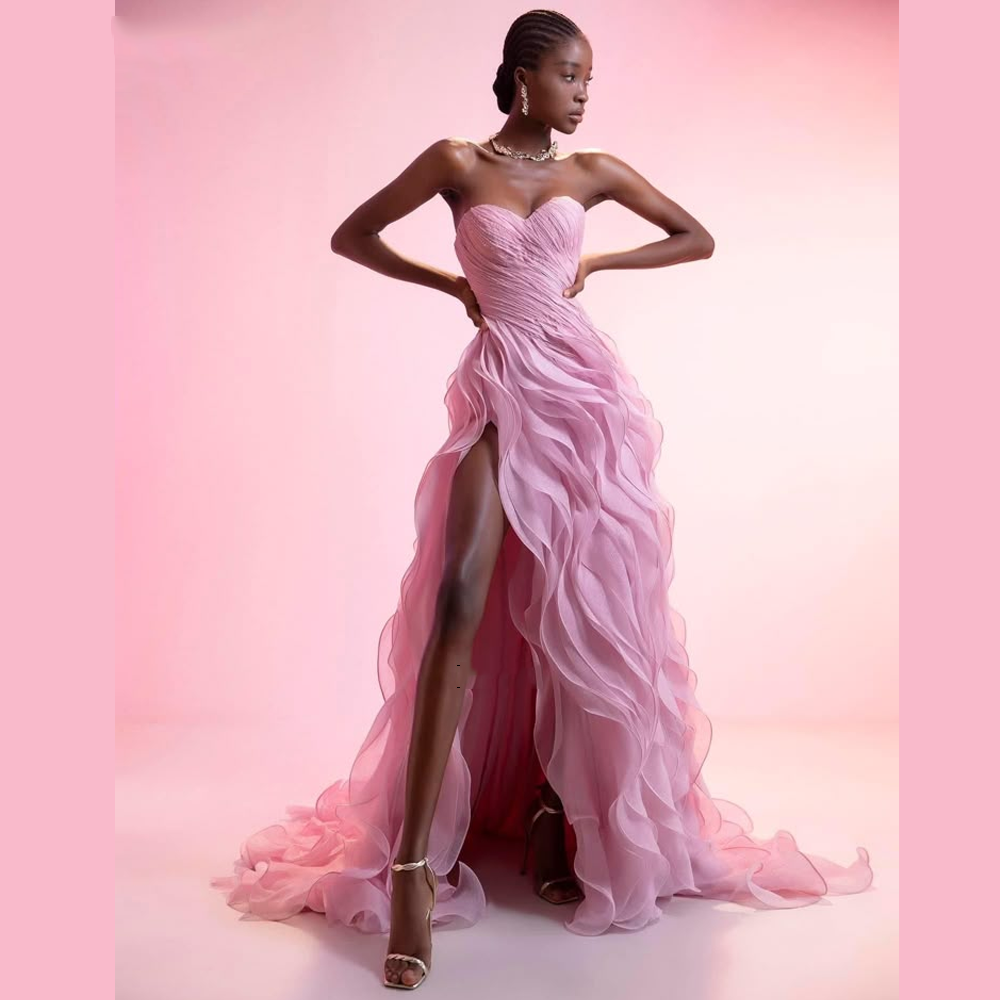 Ruffled Prom Gown Sweetheart High Slit Party Dress Strapless Wavy Layered Tulle Evening Dress Ms2505062