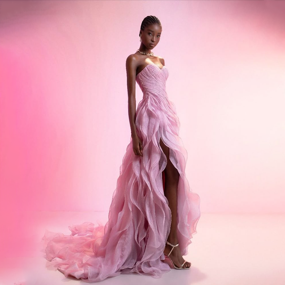 Ruffled Prom Gown Sweetheart High Slit Party Dress Strapless Wavy Layered Tulle Evening Dress Ms2505062
