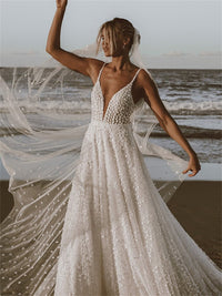 3D Lace Appliqué Bridal Dress Deep V Neck sexy A-Line Wedding Gown Beach Bride Dress Ms205106