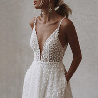 3D Lace Appliqué Bridal Dress Deep V Neck sexy A-Line Wedding Gown Beach Bride Dress Ms205106