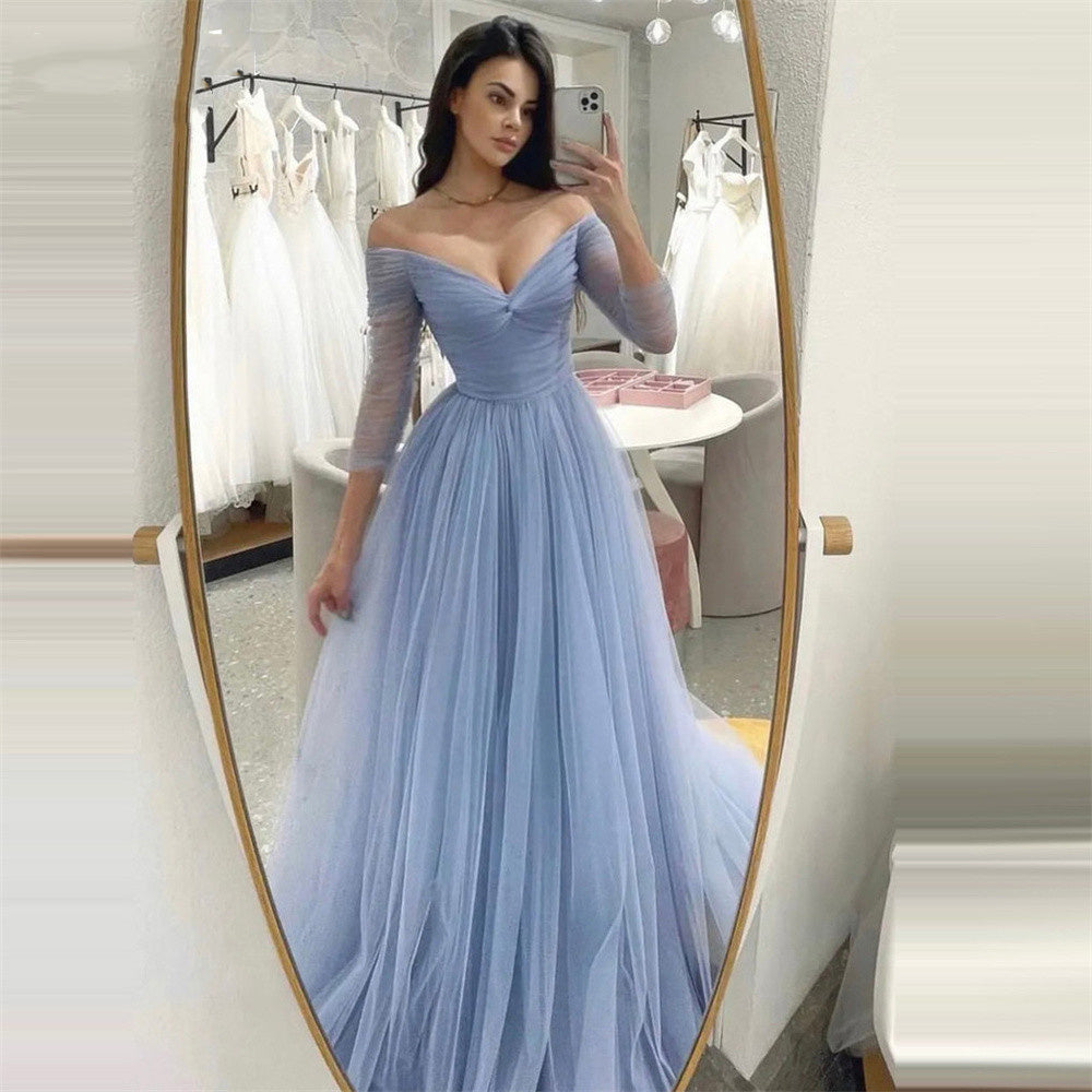 Off Shoulder Tulle Graduation Dress A-Line Long Sleeve Prom Dress Evening Party Dress Ms205105