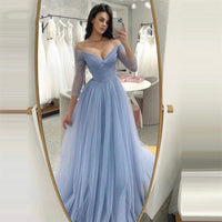Off Shoulder Tulle Graduation Dress A-Line Long Sleeve Prom Dress Evening Party Dress Ms205105