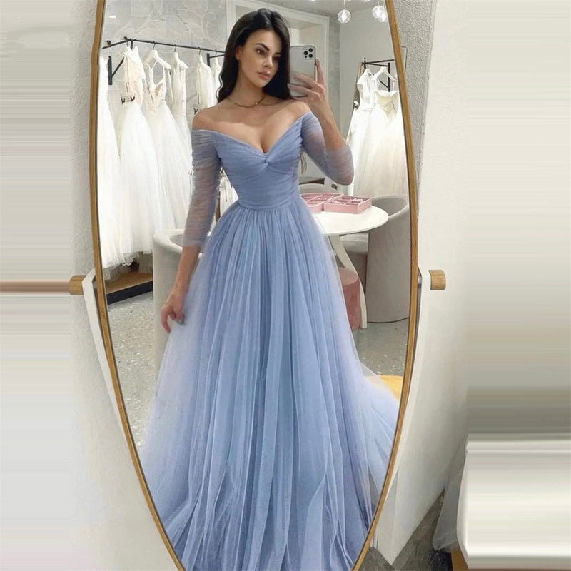 Off Shoulder Tulle Graduation Dress A-Line Long Sleeve Prom Dress Evening Party Dress Ms205105