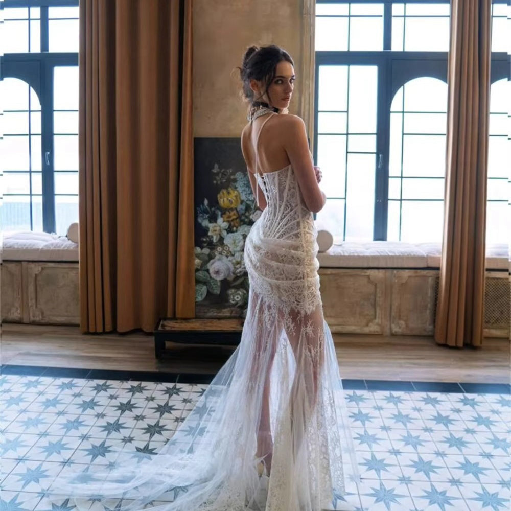 Lace Corset Bridal Dress Illusion Vintage Sexy Mermaid Wedding Dress W –  Msikoods Official Store