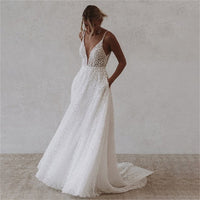 3D Lace Appliqué Bridal Dress Deep V Neck sexy A-Line Wedding Gown Beach Bride Dress Ms205106