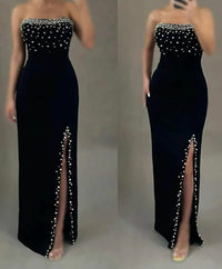 Beads Pearl Slit Prom Dress Strapless Bodycon Formal Dress Evening Party Gown Ms2505041