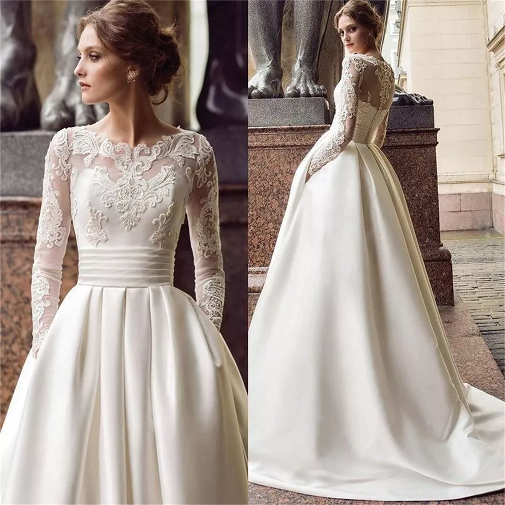 Classic Wedding Dresses For Brides A-Line Woman Bridal Gowns Lace Appliques Satin Brides Dress For Party