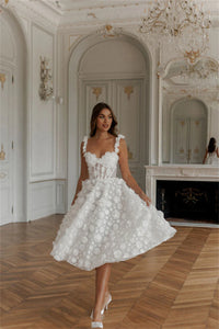 3D Floral Tea Length Bridal Dress Romantic Corset Wedding Party Gown Midi Tulle Bride Dress Ms250103
