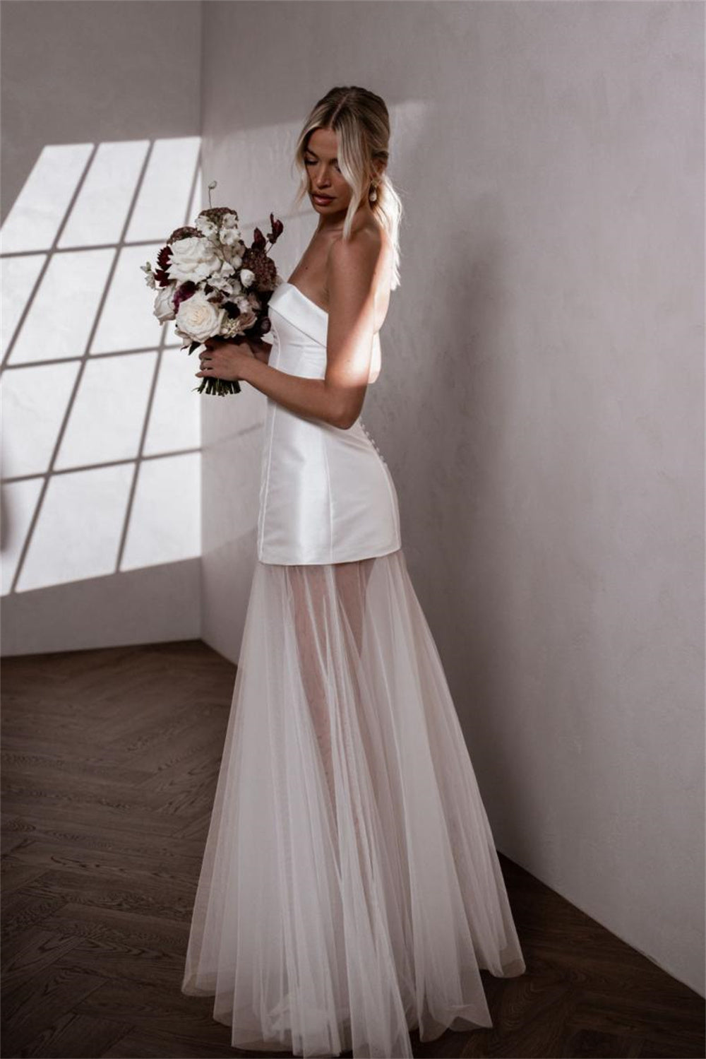 Strapless Wedding Dress Sheer Skirt Modern Bridal Gown Wedding Reception Ceremony Dress Ms2505084