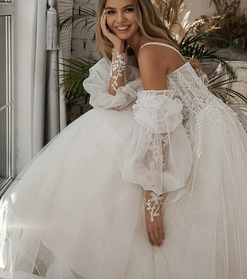 Boho Wedding Dresses Detachable Puff Sleeves Spaghetti strap Princess –  Msikoods Official Store
